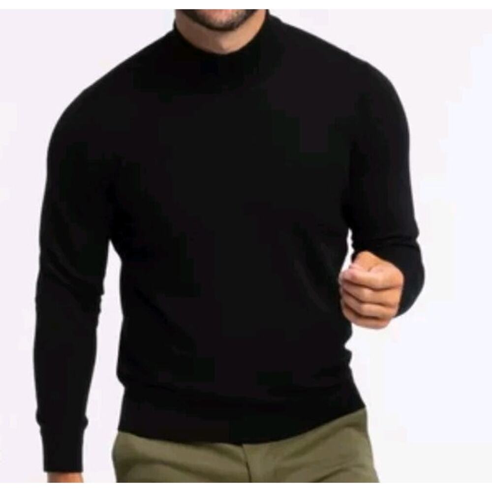 Holt Renfrew Men L Sweater Pure New Wool Italy Pullover Knit Mock Neck Black EUC
